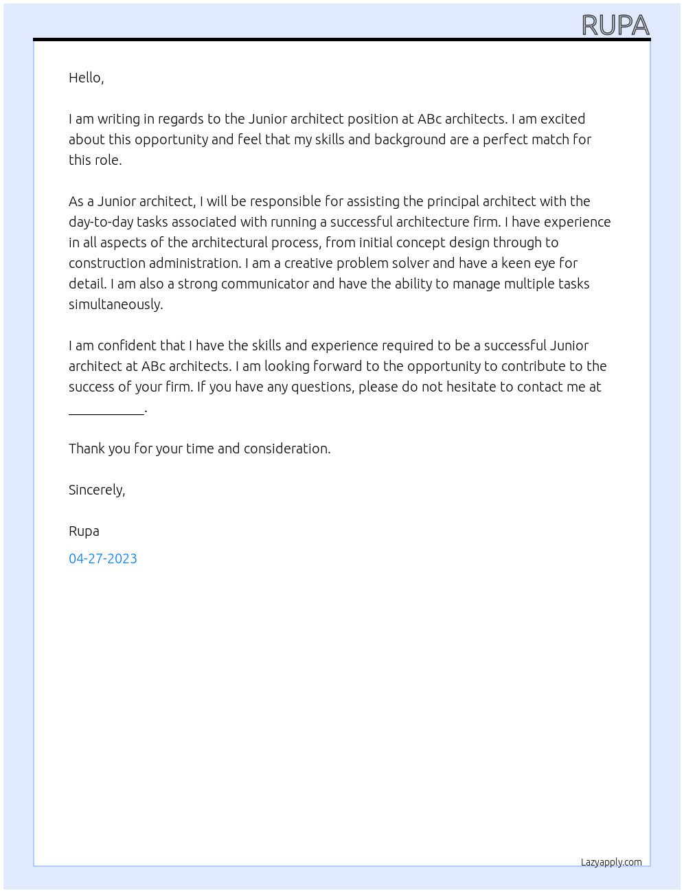 Junior architect  At ABc architects  Cover Letter