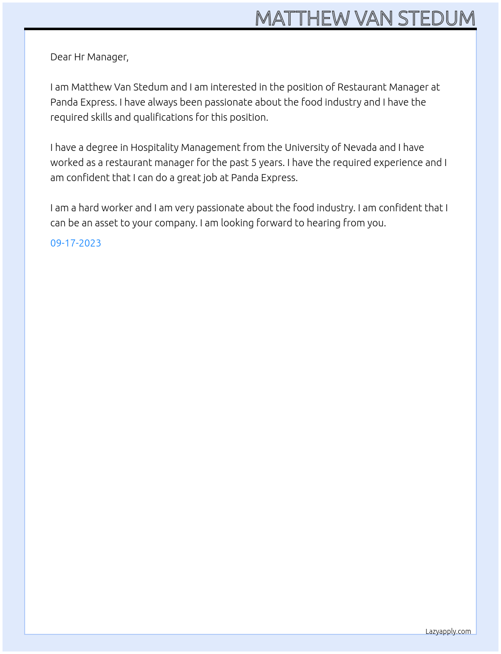 Restaurant Manager At Panda Express Cover Letter