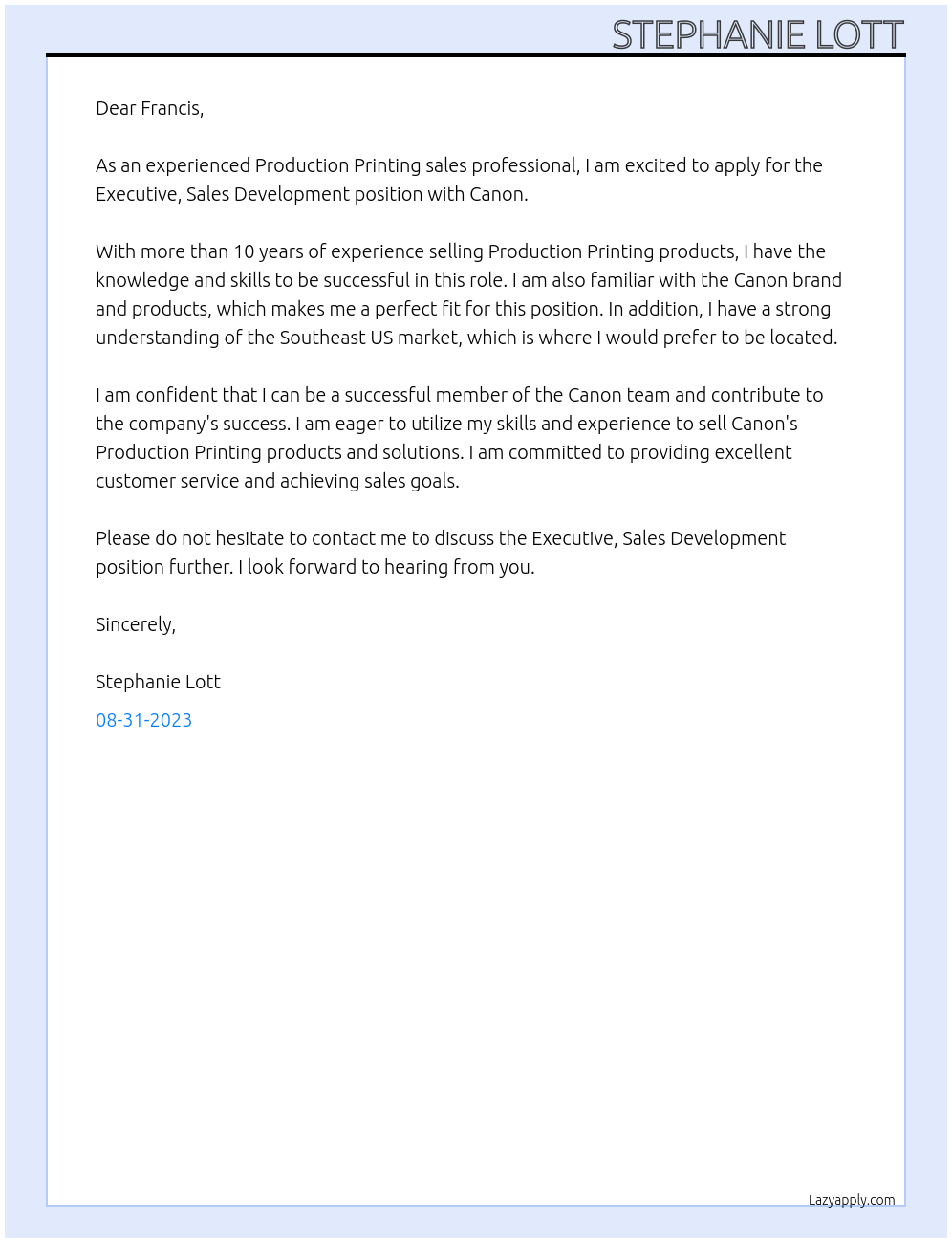 Executive, Sales Development At Canon Cover Letter