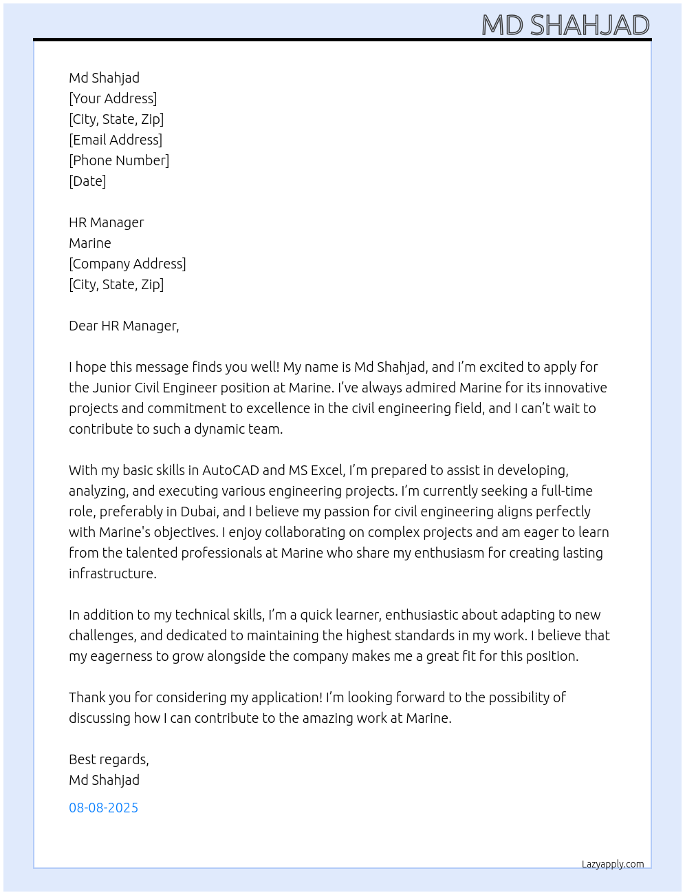 Cover letter for junior civil engineer - LazyApply