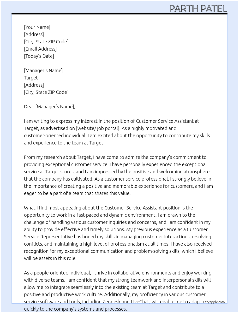 Customer Service Assistant At Target Cover Letter