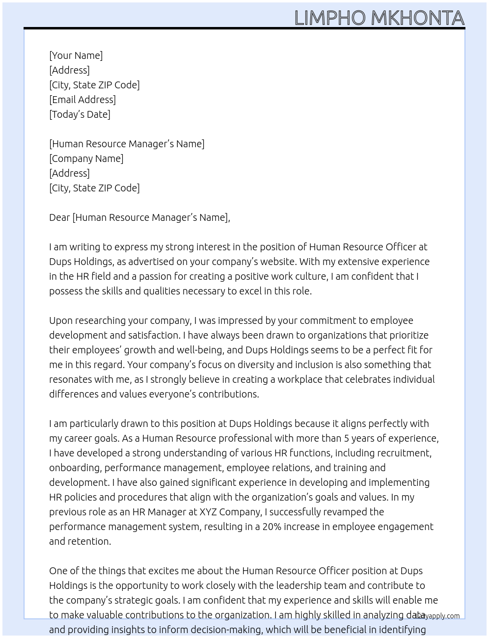 Human Resource Officer At Dups Holdings Cover Letter