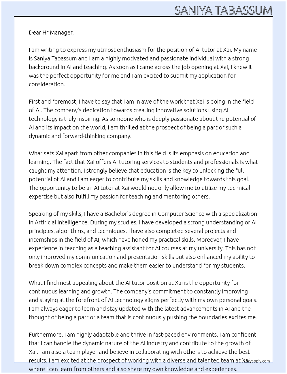 AI tutor At Xai Cover Letter
