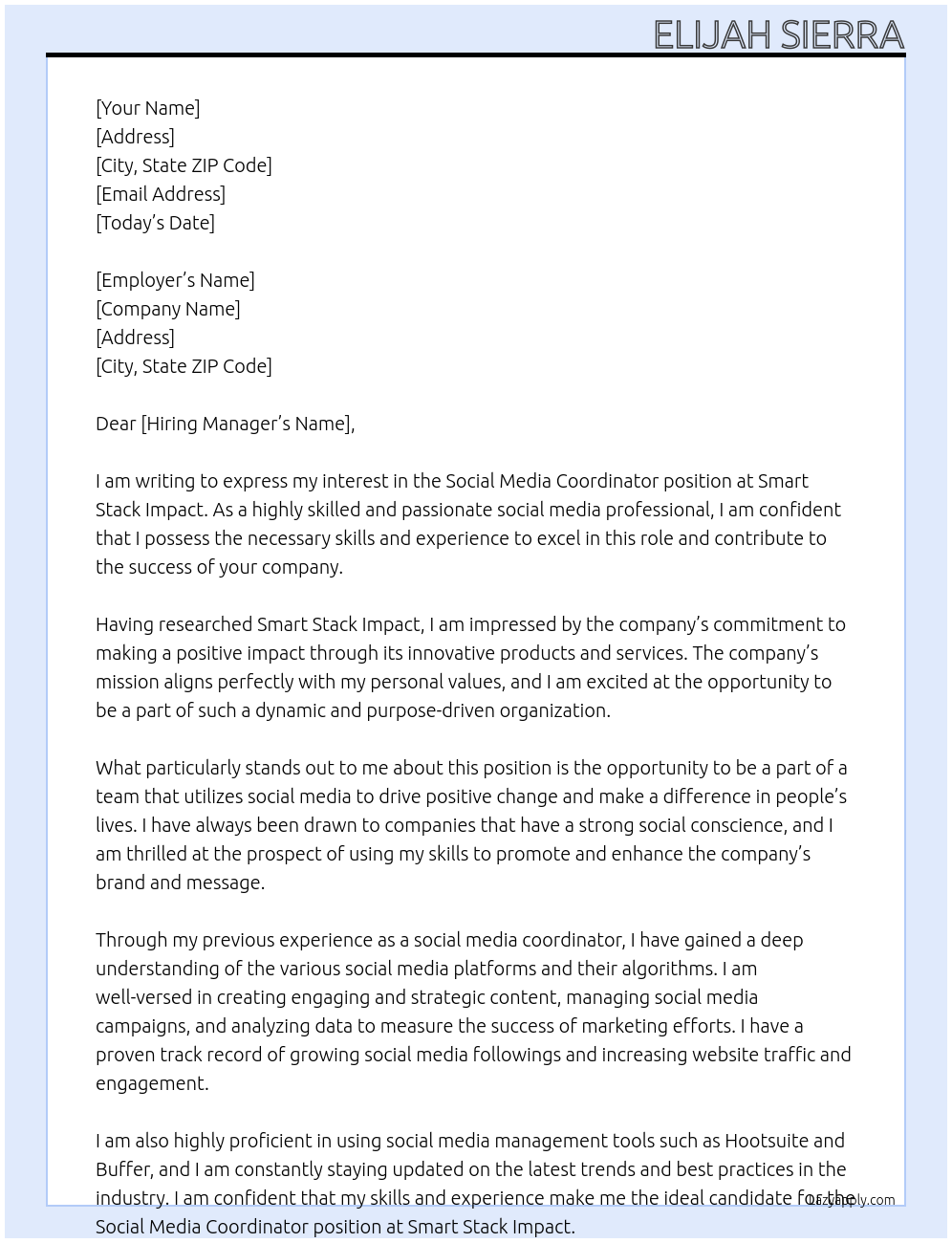 Social Media Coordinator At Smart Stack Impact Cover Letter