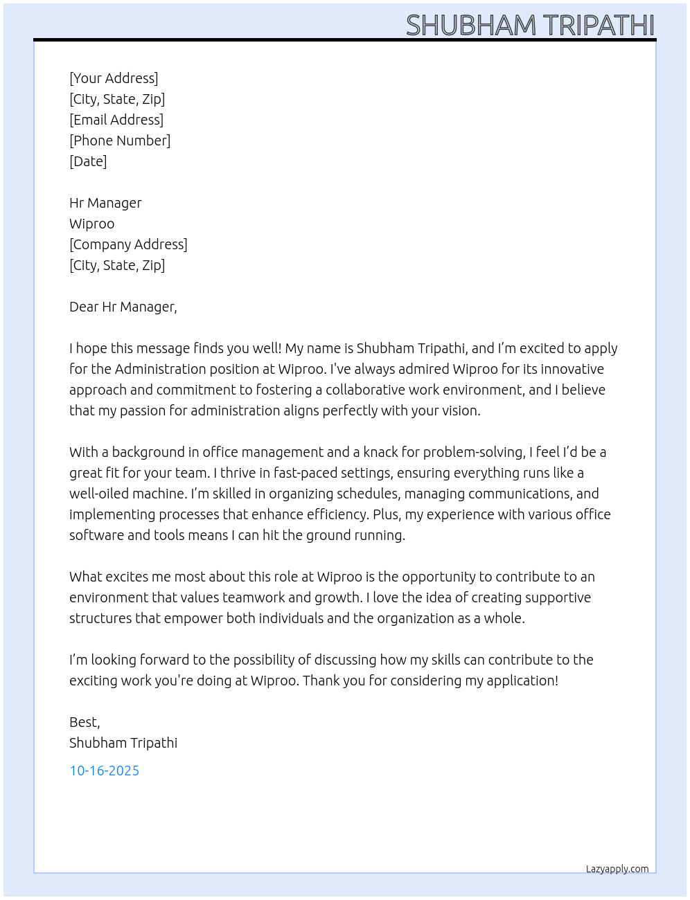 Administration At Wiproo Cover Letter