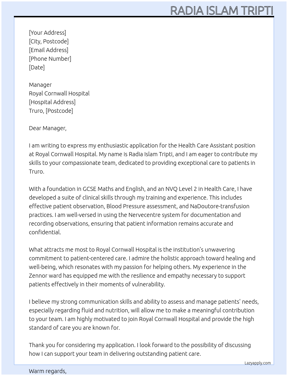 Health care assistant  At Royal Cornwall Hospital  Cover Letter