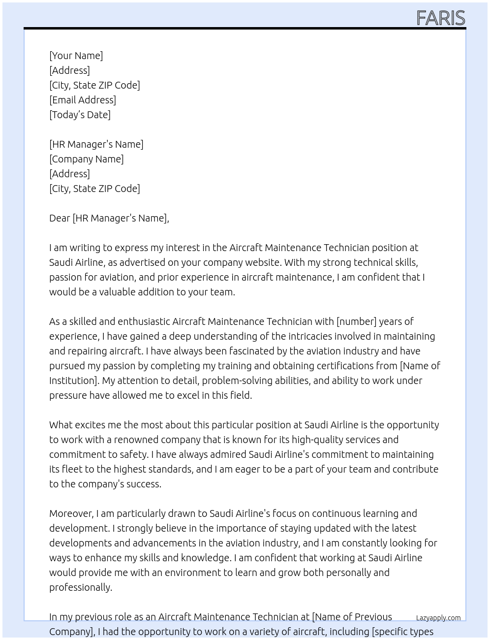 Aircraft Maintenance Technician At Saudi Airline Cover Letter
