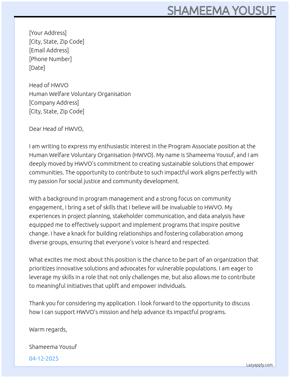 Program Associate At Human Welfare Voluntary Organisation Cover Letter