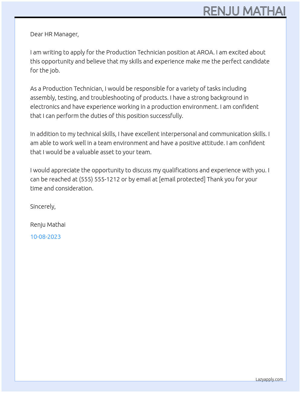 Production Technician  At AROA Cover Letter