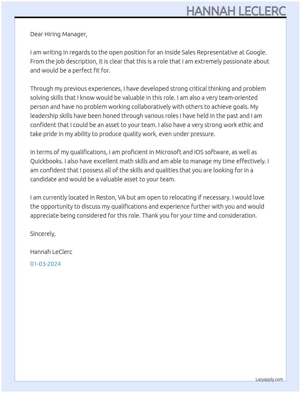 Inside Sales Representative At Google Cover Letter