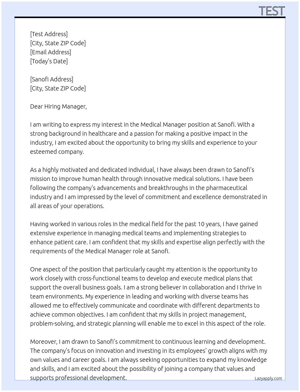 Medical Manager  At Sanofi Cover Letter