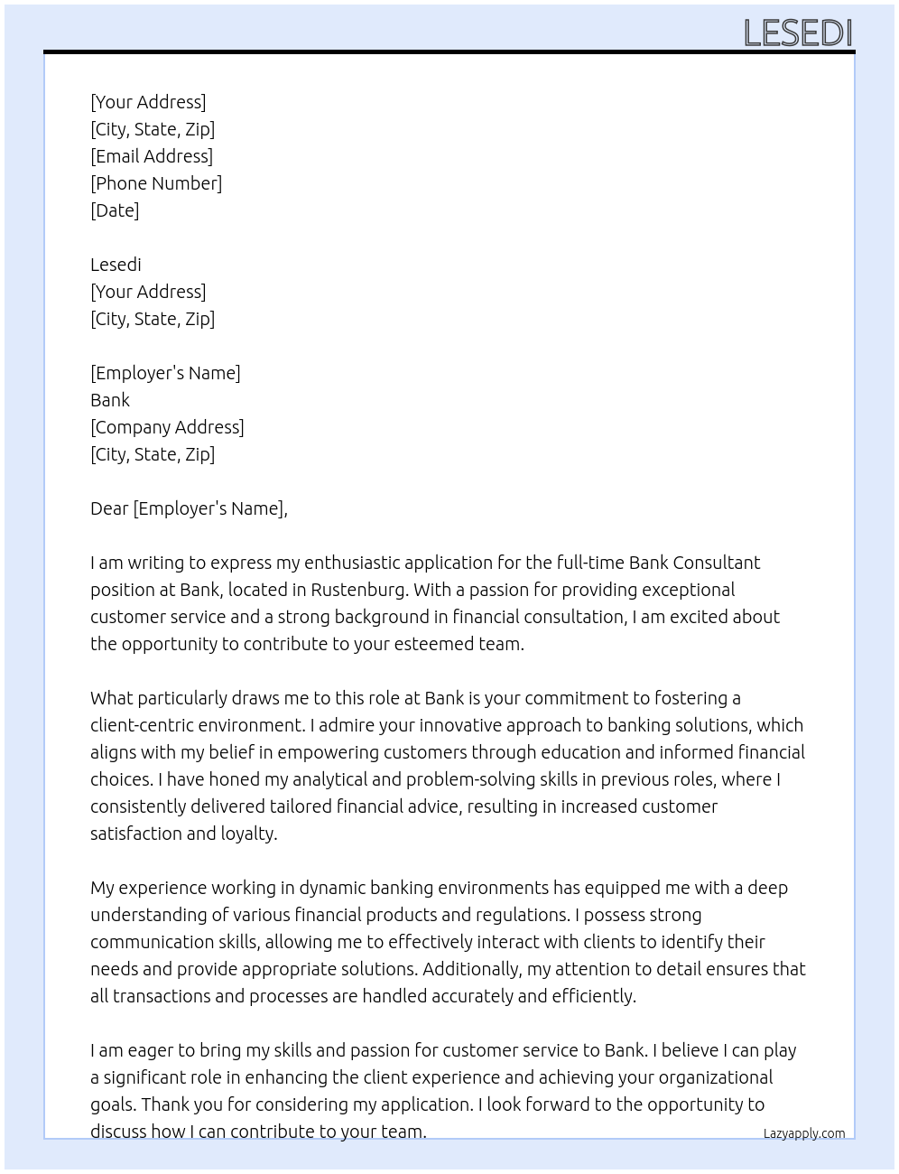 Bank consultant At Bank Cover Letter