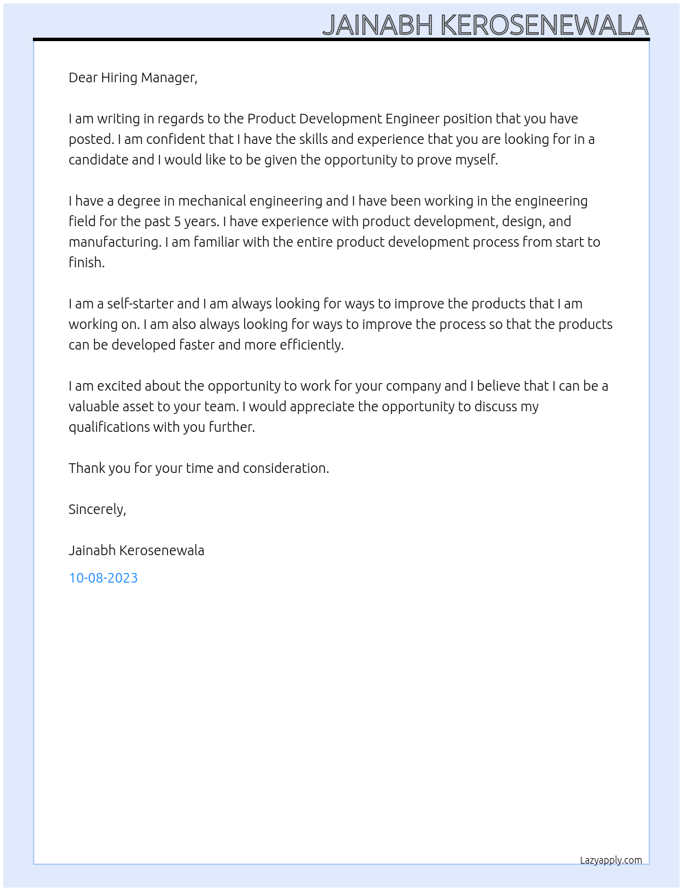 Product Development Engineer At - Cover Letter