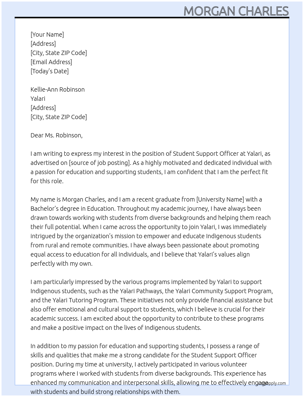 Student Support Officer At Yalari Cover Letter