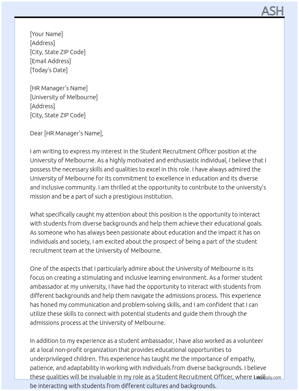 Student recruitment officer At University of Melbourne Cover Letter