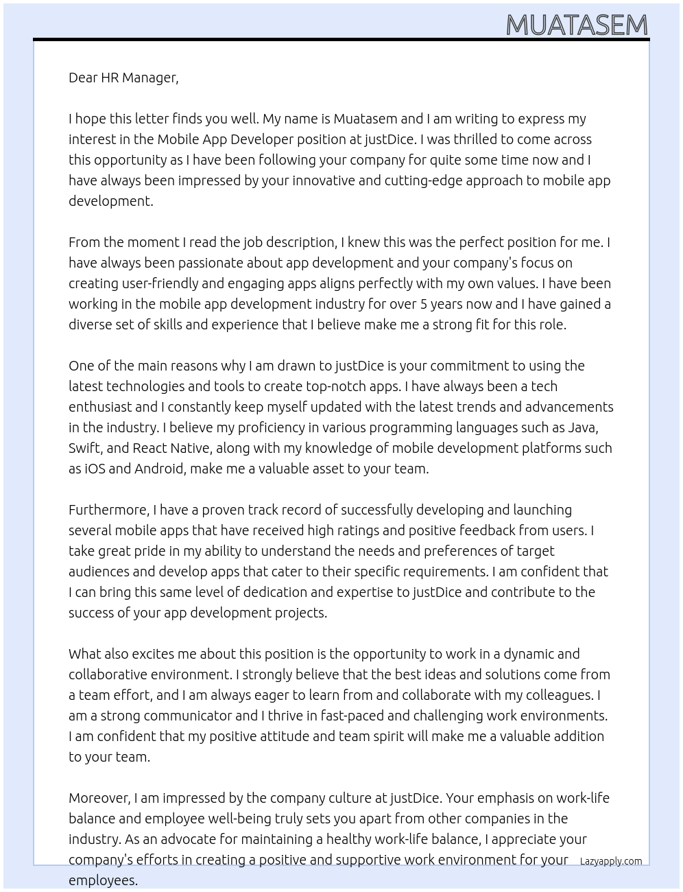 Mobile App Developer At justDice Cover Letter