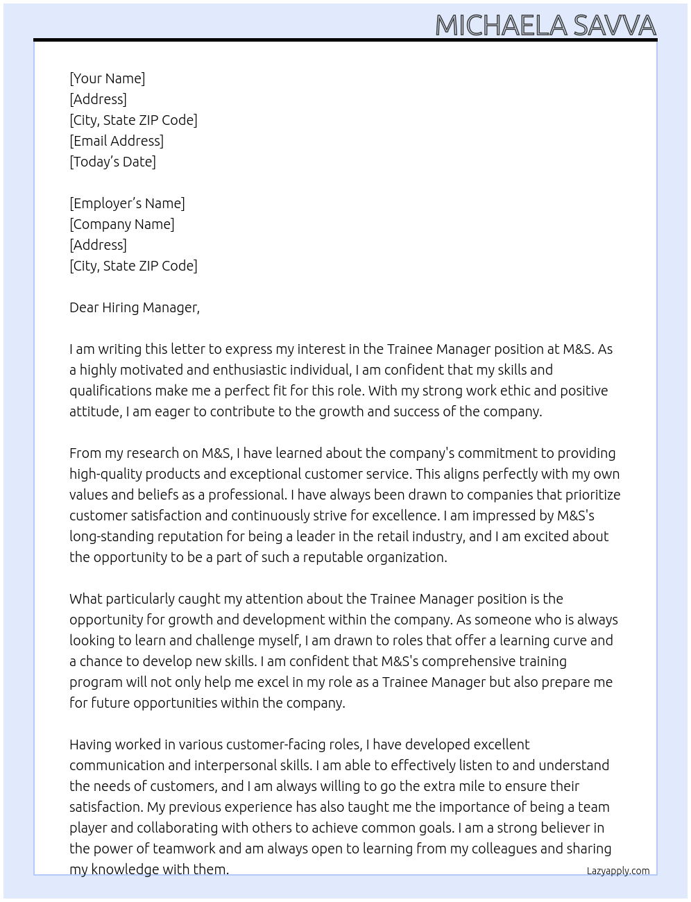 trainee manager At M&S Cover Letter