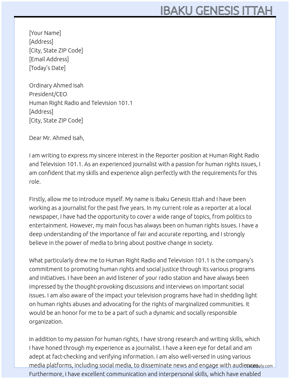 Reporter At Human Right Radio and Television 101.1 Cover Letter