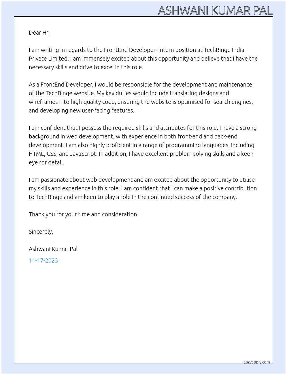 FrontEnd Developer- Intern At TechBinge India Private Limited Cover Letter