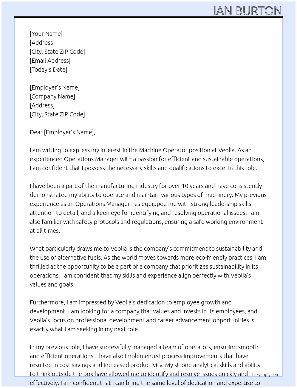 Machine operator At veolia Cover Letter