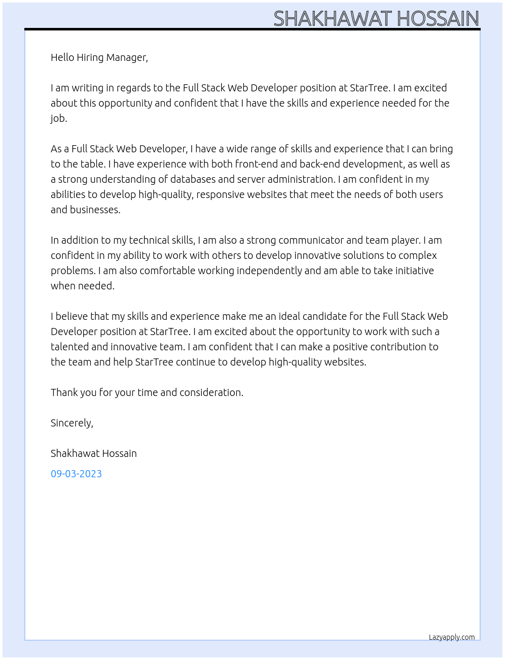 Full Stack Web Developer At StarTree Cover Letter