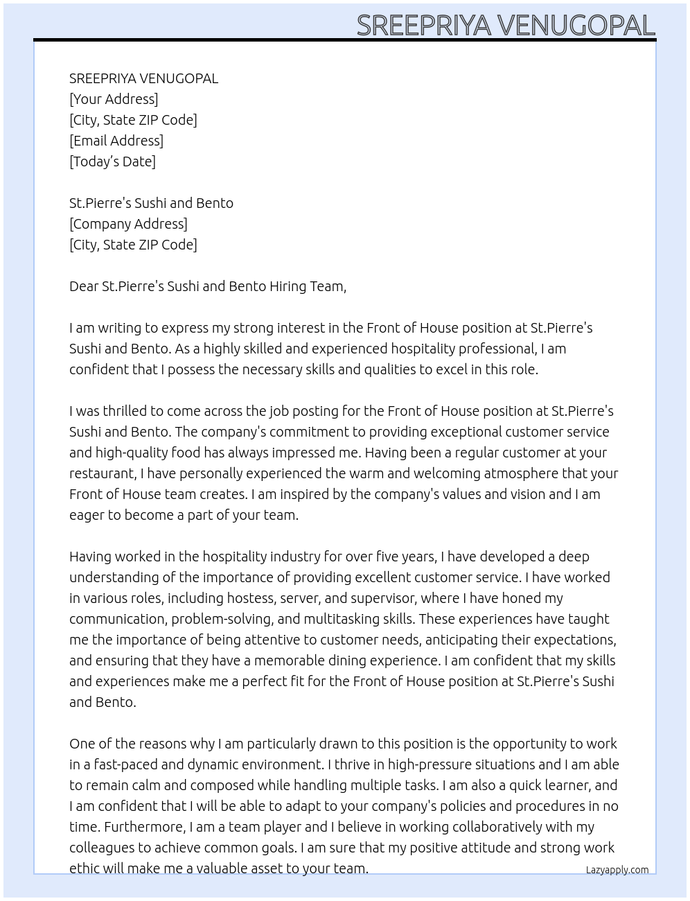 Front of House At St.Pierre's Sushi and Bento Cover Letter