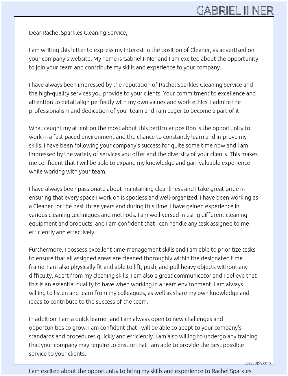 Cleaners At Rachel Sparkles Cleaning Service Cover Letter
