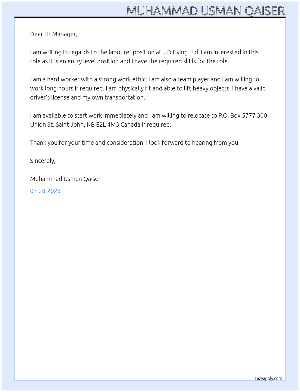 Labourer  At J.D.Irving Ltd. Cover Letter