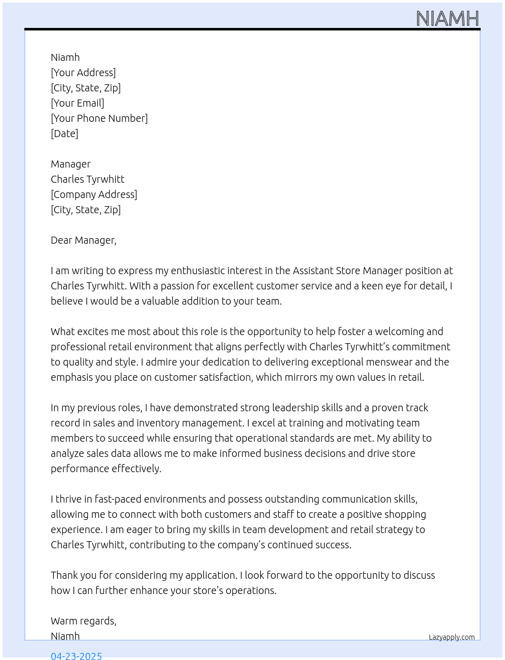 Assistant store manager At Charles Tyrwhitt Cover Letter