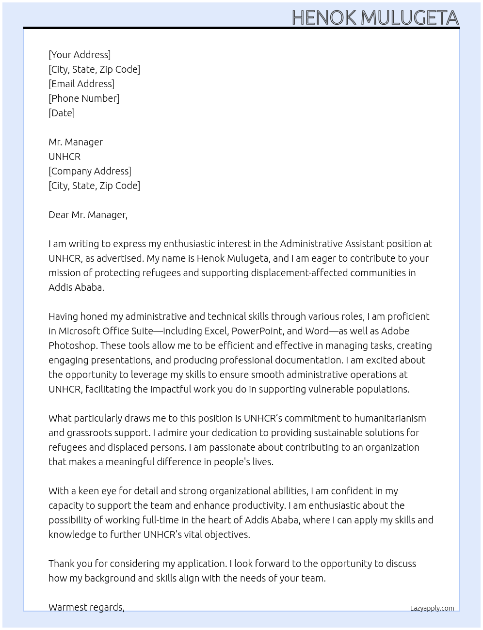 Administrative Assistant At UNHCR Cover Letter