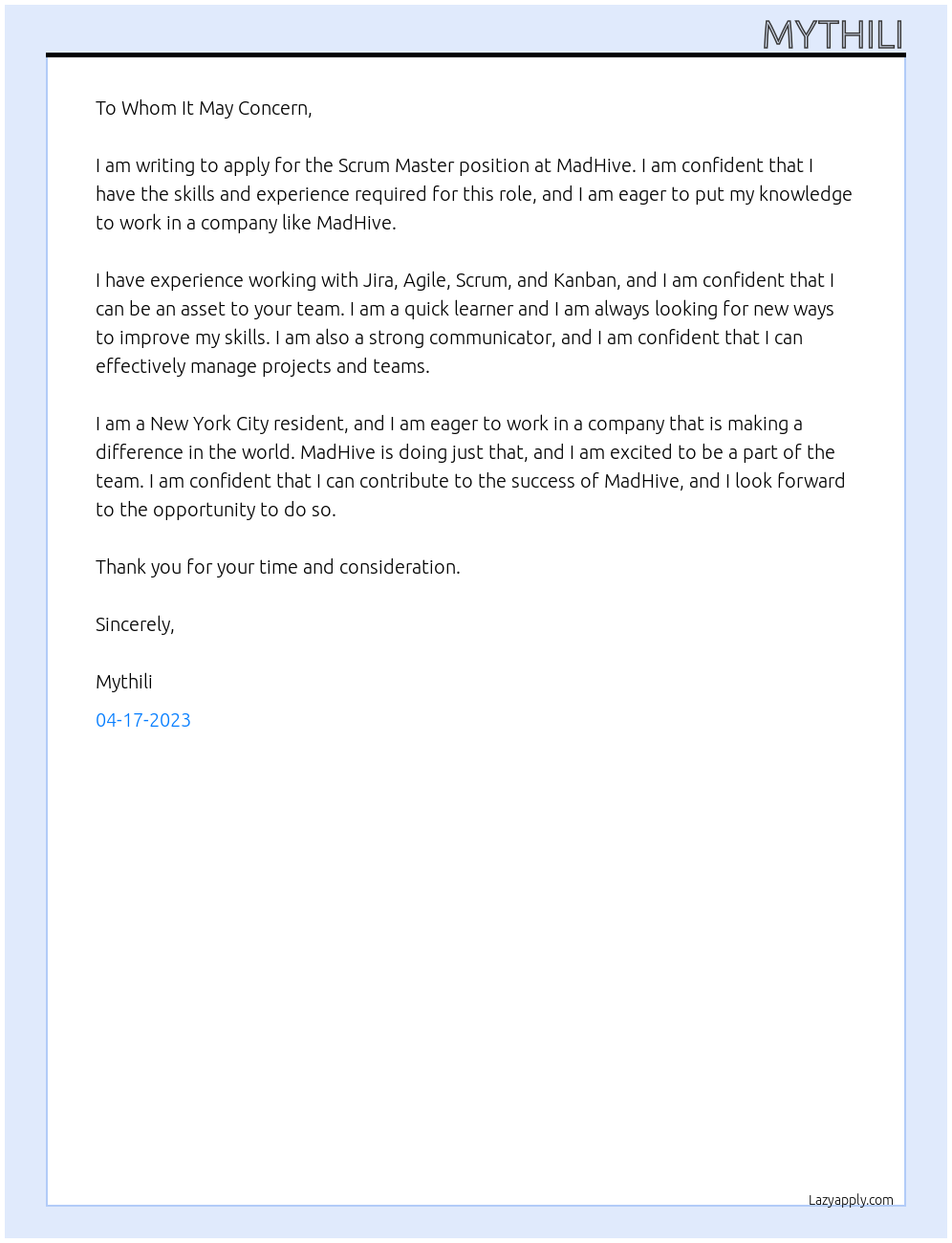 Scrum master At MadHive Cover Letter