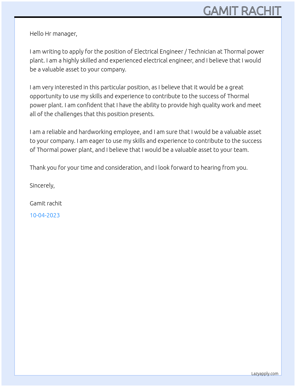 Cover letter for electrical engineer technician - LazyApply
