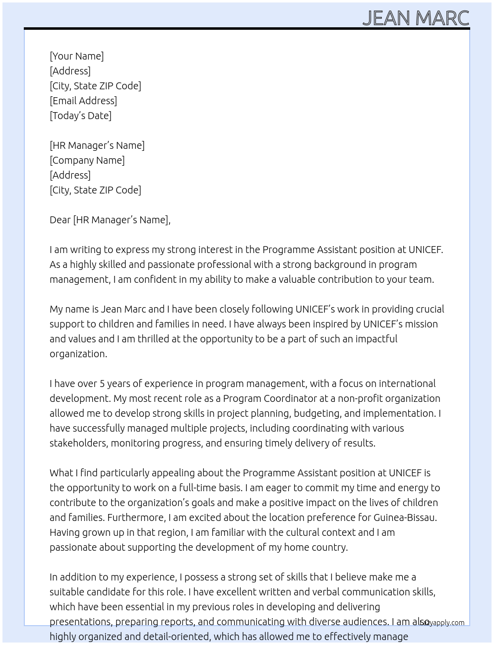 Programme Assistant At Unicef Cover Letter