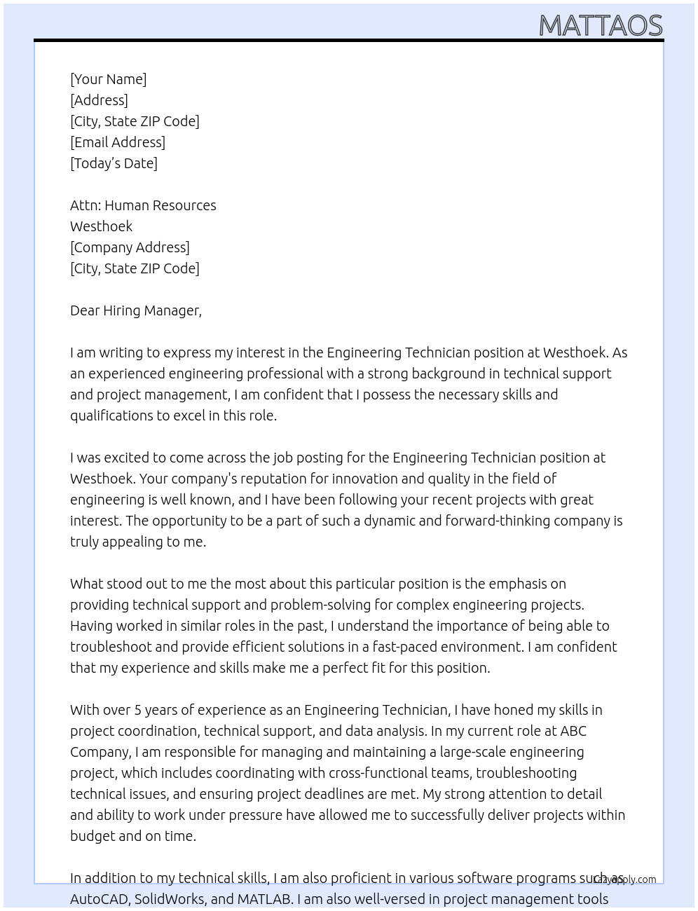 Engineering Technician At Westhoek Cover Letter