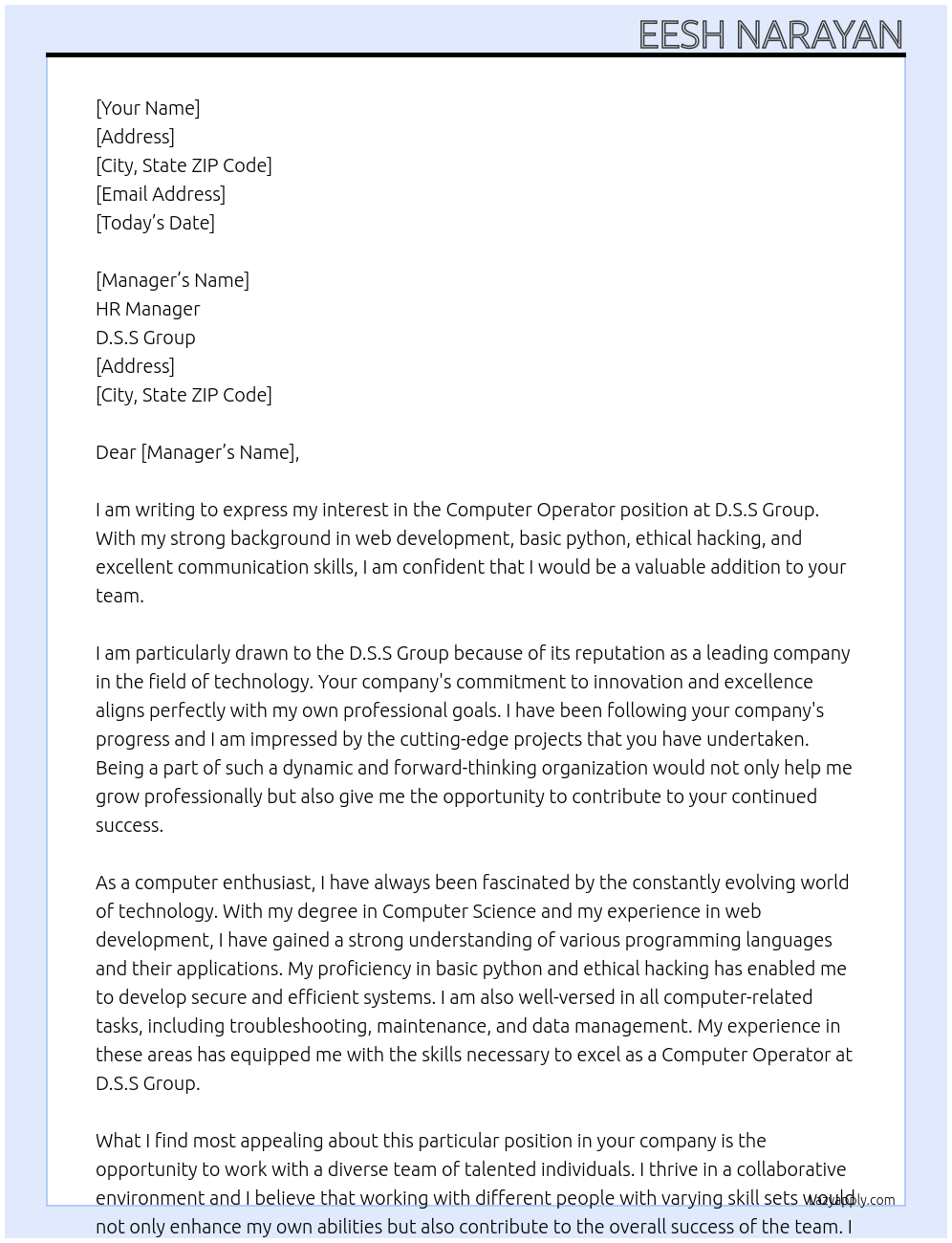 Computer Operator At D.S.S Group Cover Letter