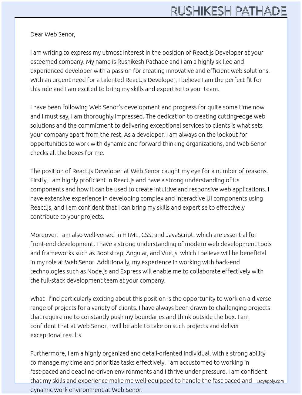React.js Developer At Web senor Cover Letter