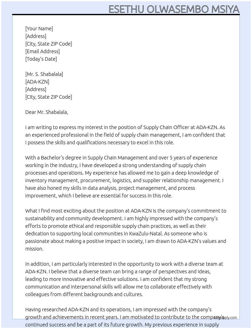 Cover letter for supply chain officer - LazyApply