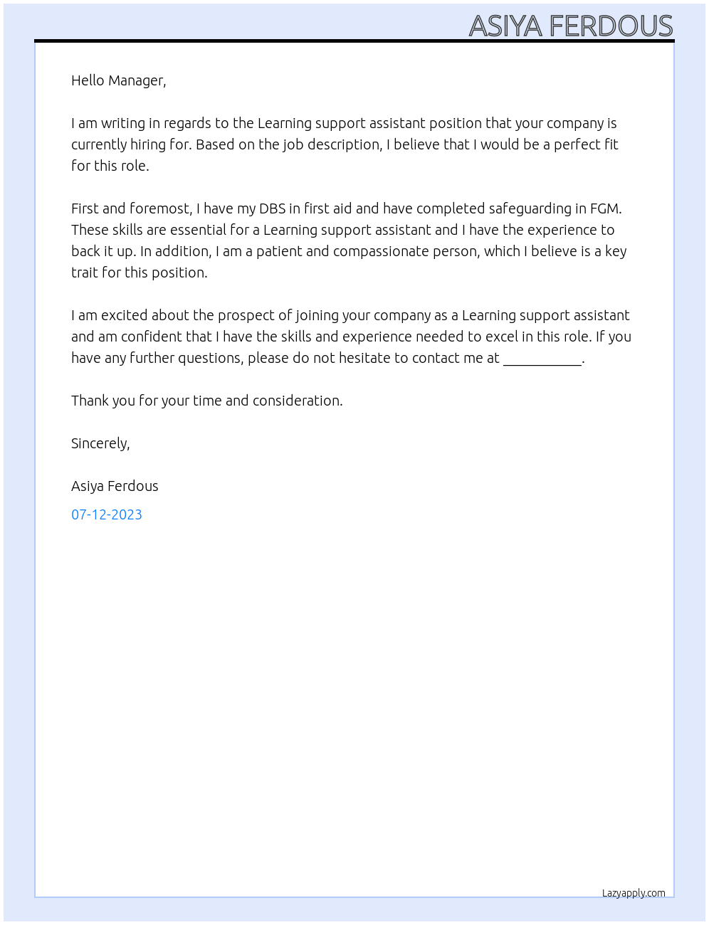 Learning support assistant At School Cover Letter