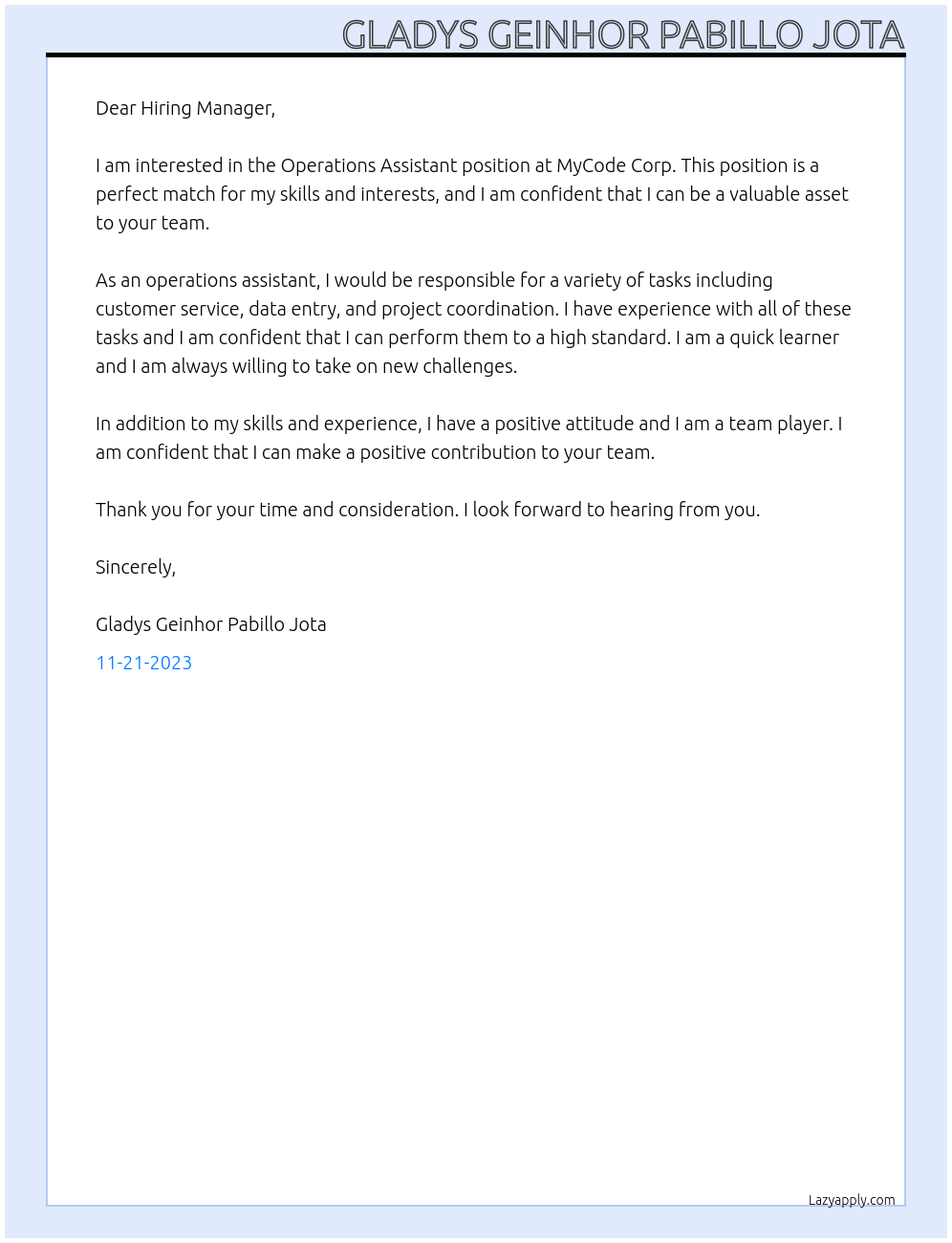 Operations Assistant At MyCode Corp. Cover Letter
