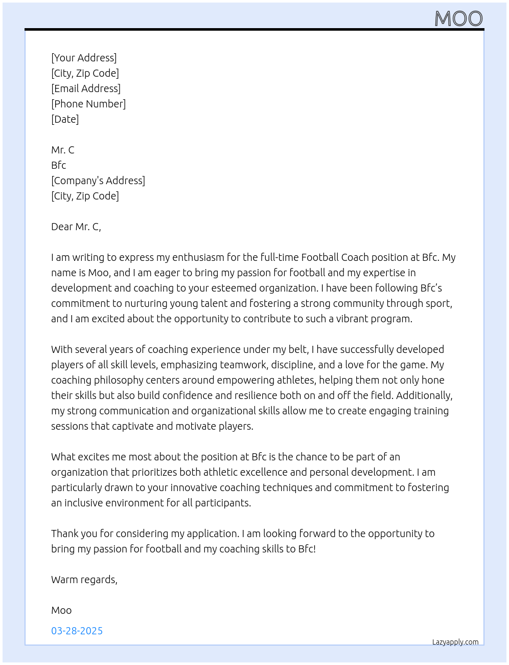 Football coach At Bfc Cover Letter