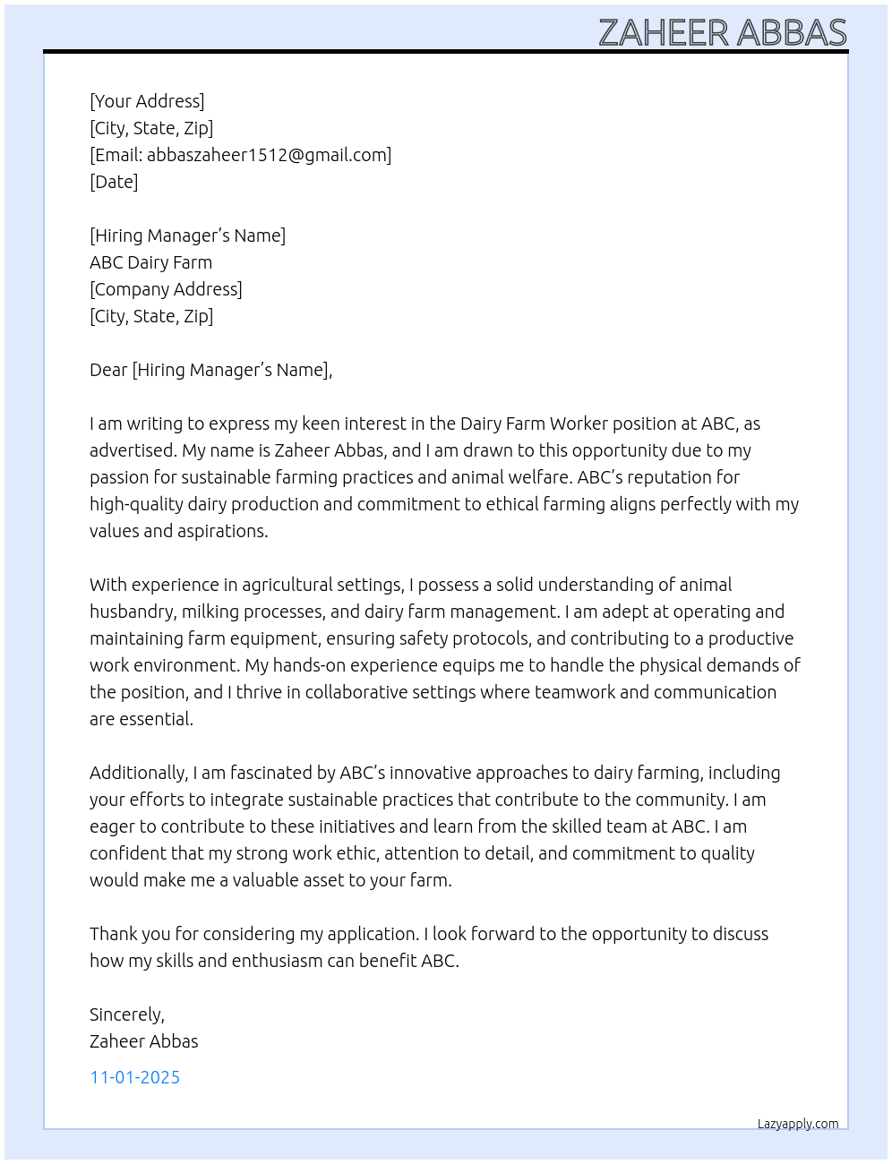 Cover letter for dairy farm worker - LazyApply