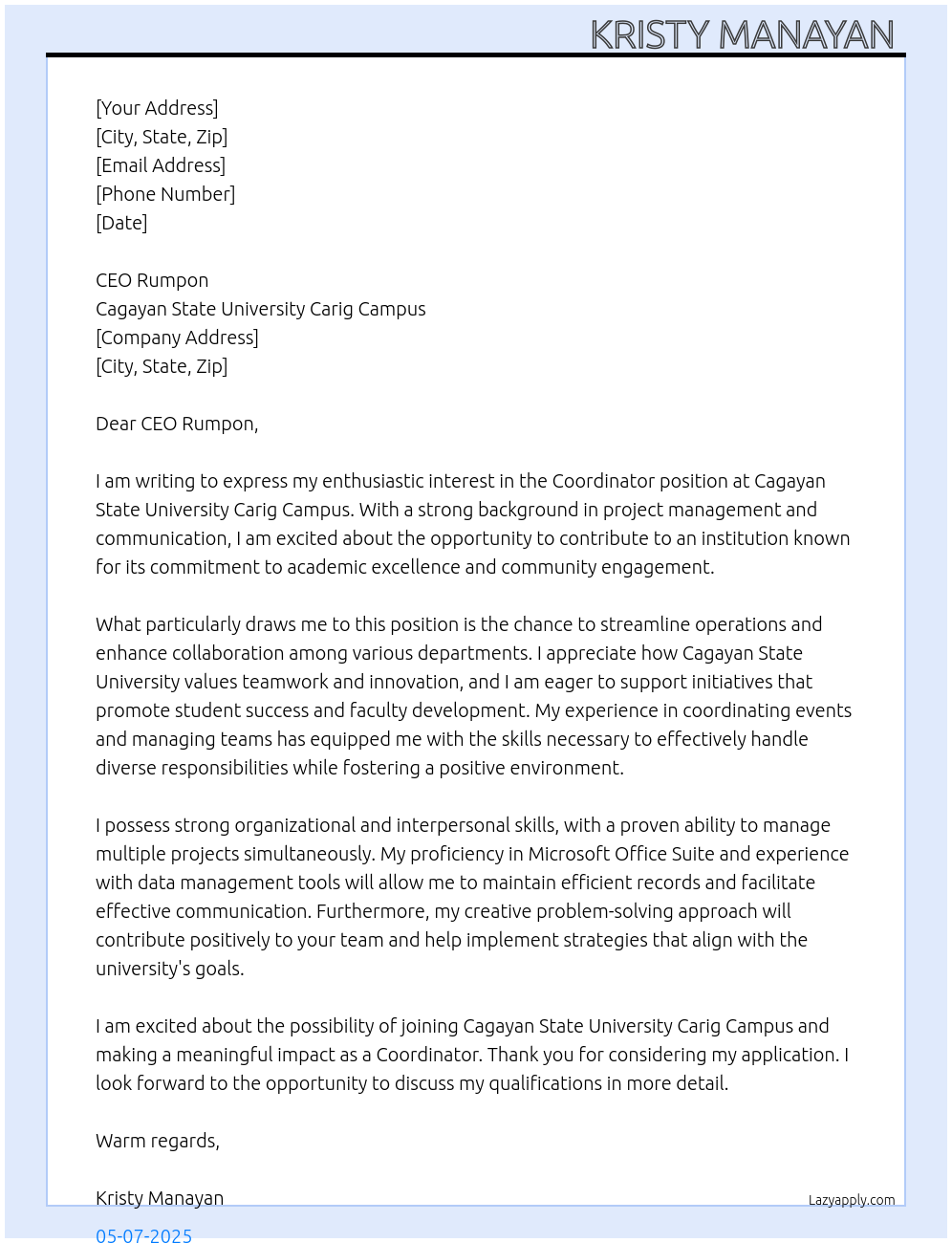 Coordinator At Cagayan State University Carig Campis Cover Letter