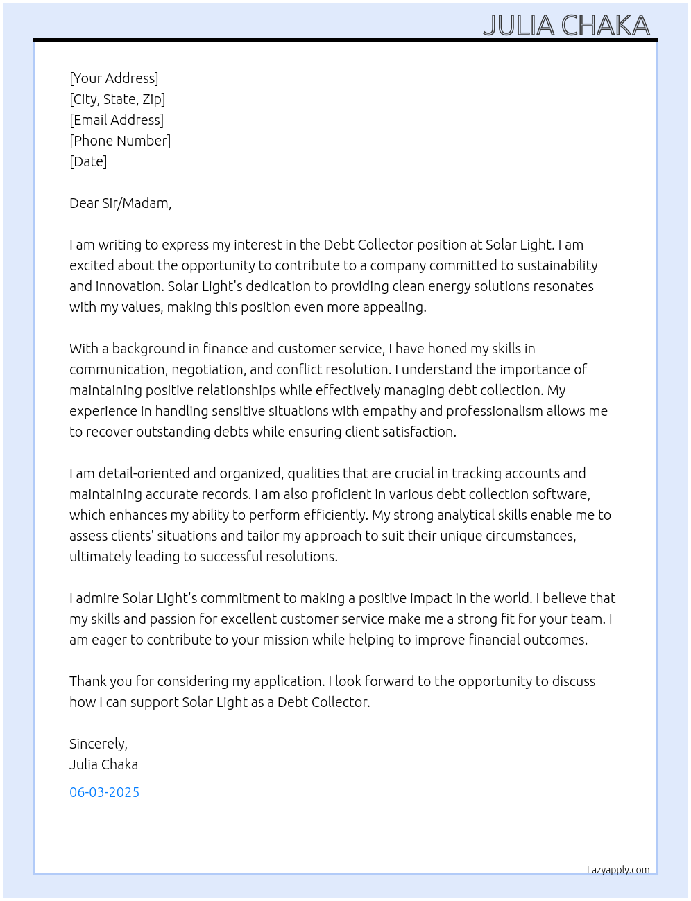 Debt collector At Solar light Cover Letter