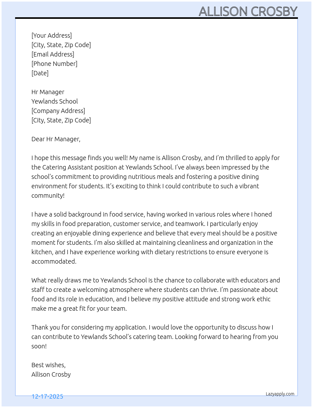 Cover letter for catering assistant - LazyApply