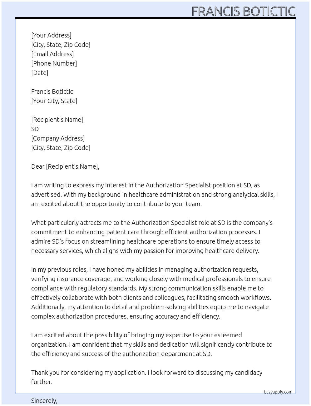 Authorization specialist At sd Cover Letter