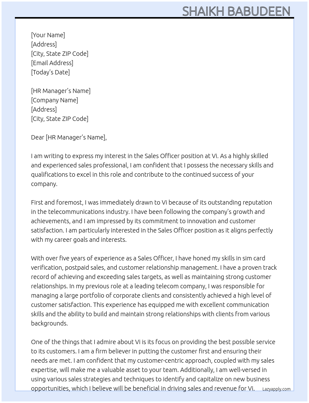 Sales officer At Vi Cover Letter