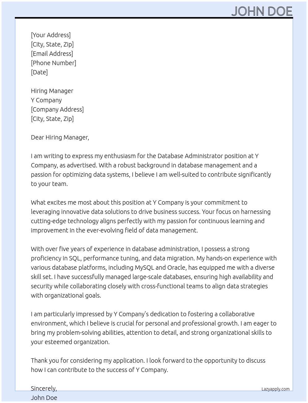 Cover letter for database administrator - LazyApply