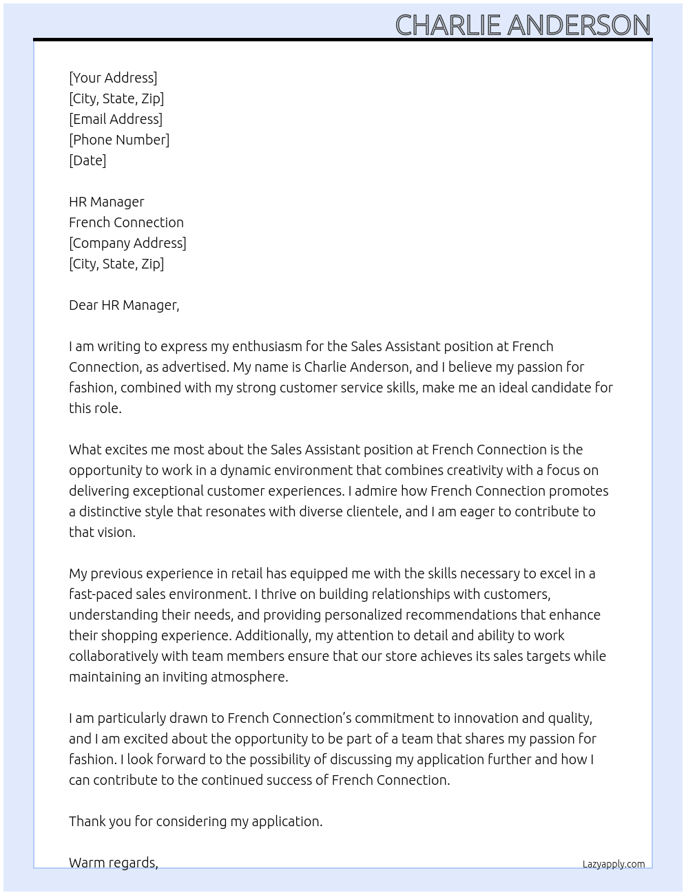 sales assistant  At french connection  Cover Letter