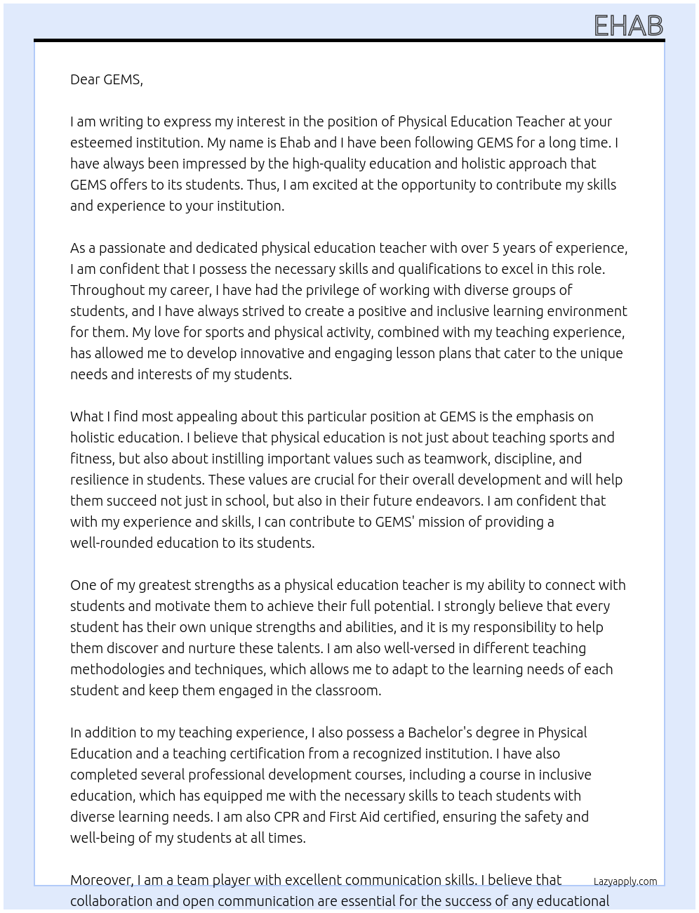 Physical education teacher At GEMS Cover Letter
