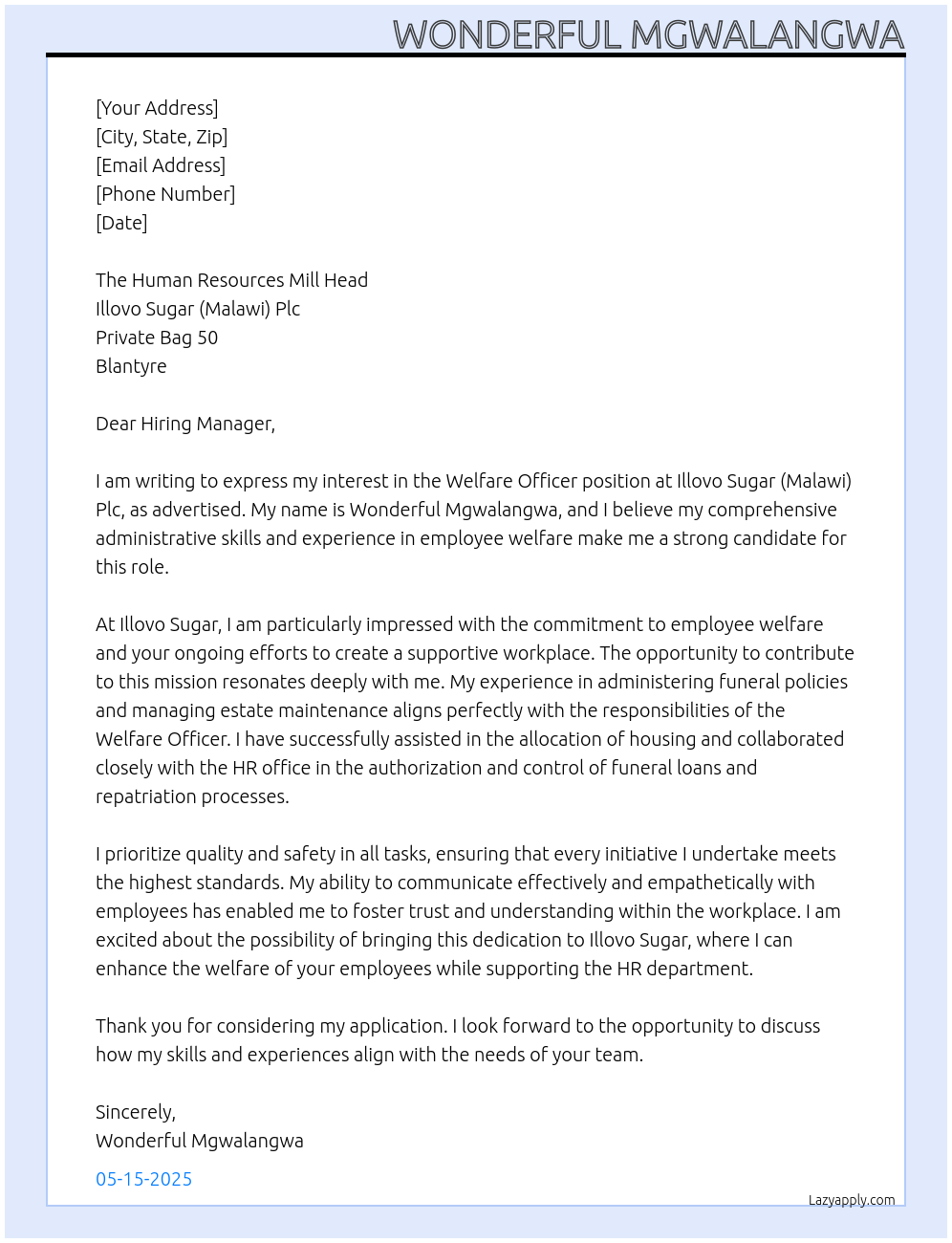 WELFARE OFFICER At ILLOVO SUGAR (MALAWI) Plc Cover Letter